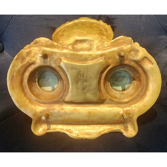 Ant Brass Double Inkwell Rococo Victorian Ornate Shell & Scroll Design Marked - Picture 6 of 9
